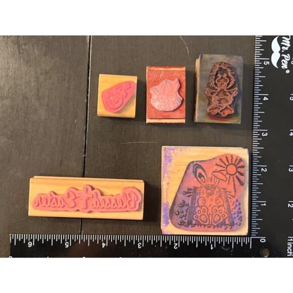 Set Of 5 Vintage Wood mounted Rubber Easter Stamps With Various Designs - Picture 2 of 6
